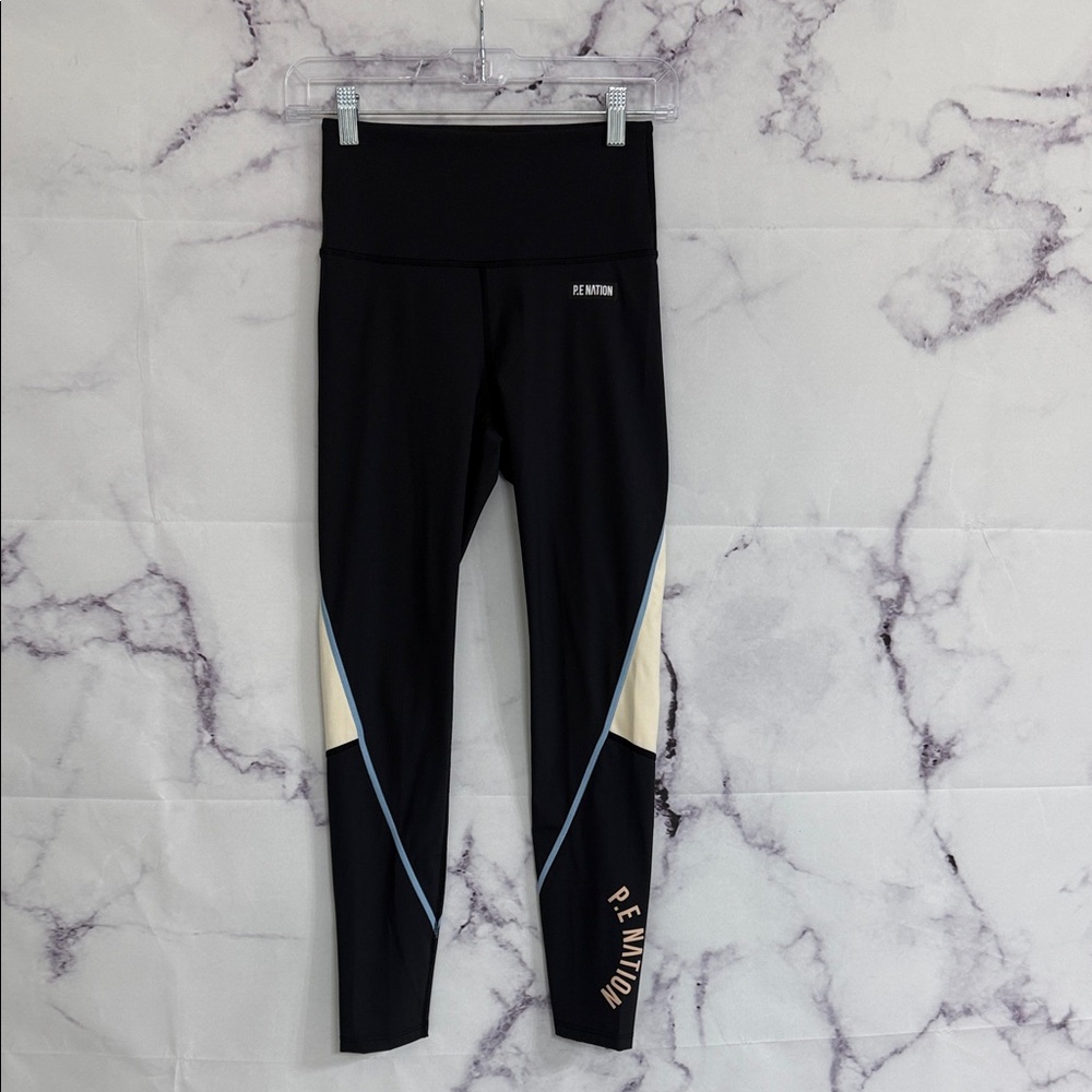 P.E. NATION Black Leggings Cream Blue Accents Size Small - Picture 3 of 10